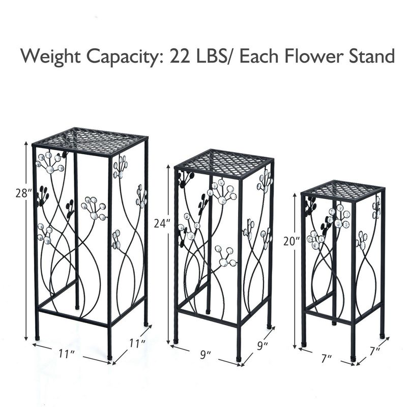 Costway 3 Pcs Metal Plant Stand Set Plant Pot Holder w/Crystal Floral Accents Square, 3 of 10