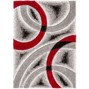 Well Woven Olly Geometric Stripes Thick Soft 3D Textured Shag Red Area Rug