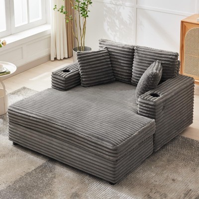 Oversized Chaise Lounge Chair, 60 Inch Upholstered Sofa Bed with Throw Pillows and Armrests, Comfy Corduroy Sleeper Couch