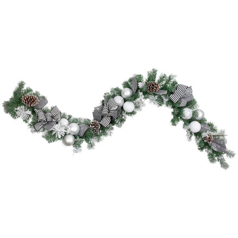 Northlight 6' Frosted Pine Artificial Christmas Garland with Striped Bows and Ornaments, 1 of 4