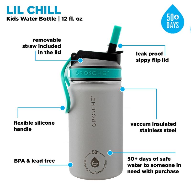 GROSCHE Lil Chill 12 oz Kids Water Bottle Insulated Water Bottle with Straw for Kids School with Straw Sip Lid, 4 of 12