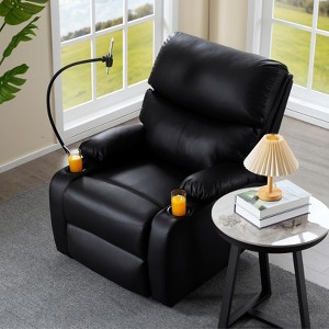 Manual Recliner Chair in Black PU Leather, Modern Armchair with Phone Holder & 2 Cup Holders, 32.4"x39.57"x38.78"H - 1 of 4