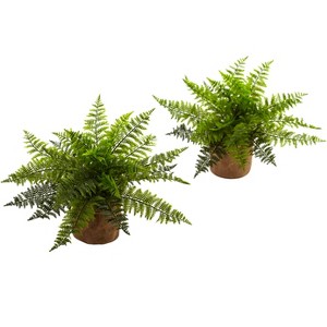 Nearly Natural 15-in Ruffle Fern Bush with Burlap Base (Set of 2) - 1 of 2