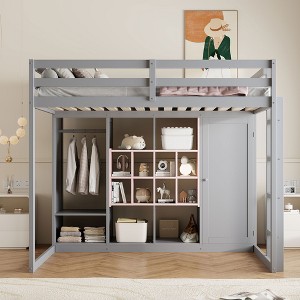 Twin/Full Size Wood Loft Bed with Wardrobe, Colorful Shelves & Cabinet, Reversible Staircase - ModernLuxe - 1 of 4