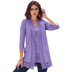 Roaman's Women's Plus Size Crochet Trim Pointelle Cardigan - 1 of 4