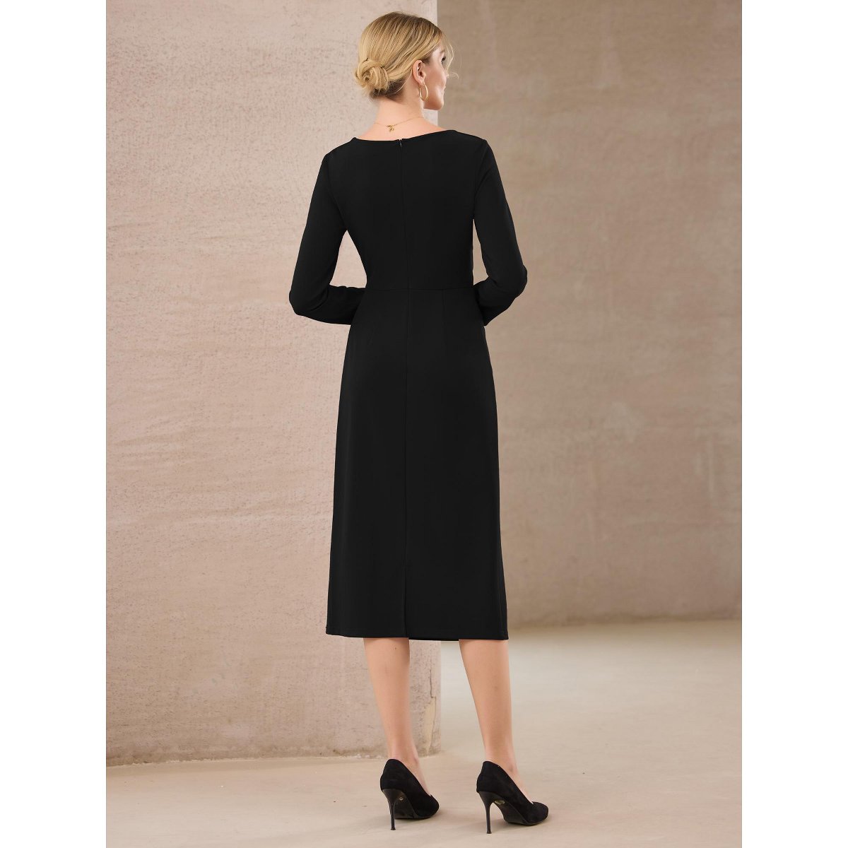 Женские платья INSPIRE CHIC Women's Midi Pencil Long Sleeve Tie Waist Church Work Sheath Dresses Small Black — фото 5