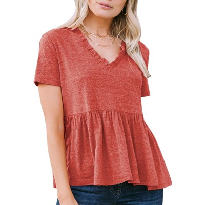 EXLURA Women's Summer Short Sleeve Peplum Babydoll Tops Cute V Neck T Shirts