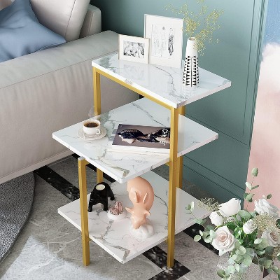 Hooseng 3-Tier Small End Table, Living Room Rectangle Gold Side Table with Faux Marble for Bedroom, Small Spaces