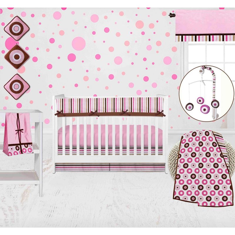 Bacati - Mod Dots Stripes Pink Fuschia Beige Chocolate 10 pc Crib Bedding Set with Long Rail Guard Cover, 2 of 12