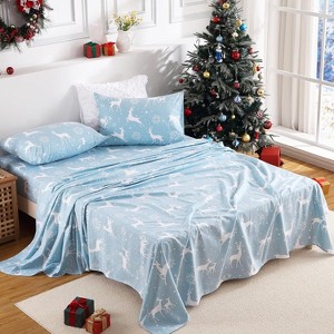 Soft Microfiber Bed Sheet Set with 16in Deep Pocket Fitted Sheet, Flat Sheet & 2 Standard Pillowcases for Christmas Winter Holiday, Blue - 1 of 4