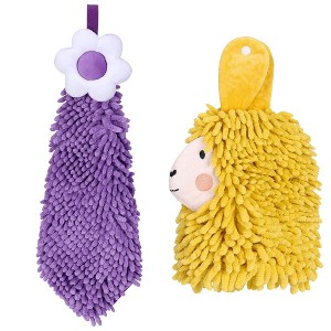 REGALWOVEN Soft Absorbent Flower Pattern and Sheep Pattern Chenille Hand Towel with Loop 6" x 15"/7" x 11" 2 Pcs - 1 of 4