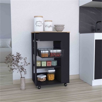 LunaLulinlk Kitchen Cart, One Drawer, Two Open Shelves, Four Casters -Black / Light Oak