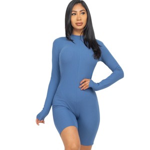 Slickblue Fitted Ribbed Knit Long Sleeve Romper with Mock Neck and Zipper Back - Mocha/Olive/Blue Haze, Size S-L - 1 of 4