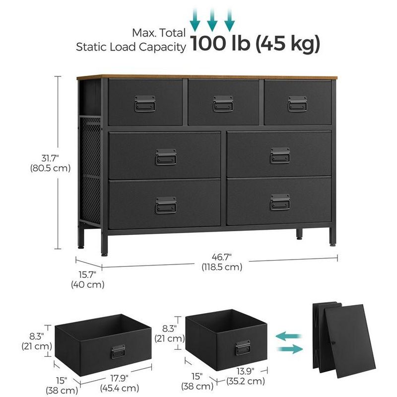 SONGMICS Dresser for Bedroom, Storage Organizer Unit with 7 Fabric Drawers, Chest of Drawers, Steel Frame, Rustic Brown and Black, 5 of 8