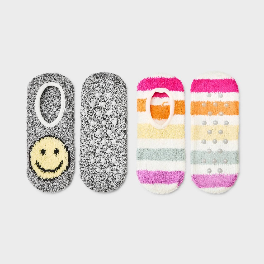 Women Smiley 2pk Face Cozy Liner Sock - Heather /White 4-10