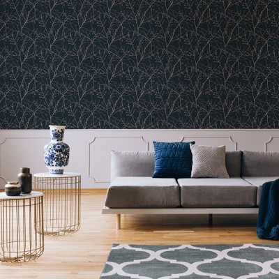 Navy and Copper Foil Floral Wallpaper