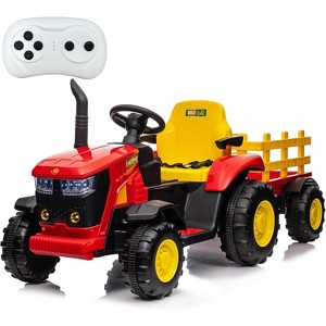 12V Kids Ride-On Tractor with Remote, Electric Tractor w/ Dual Motors, Detachable Trailer, Music & LED Lights - 1 of 4