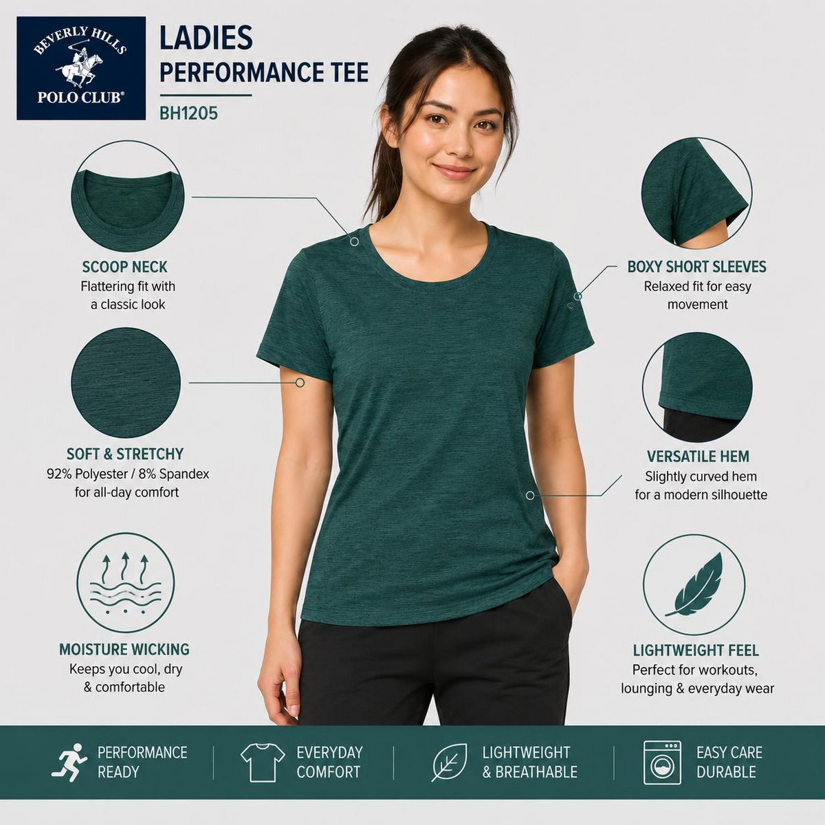 Beverly Hills Polo Club Women's 5-Pack Performance T-Shirt (S-XL) - thumbnail 6