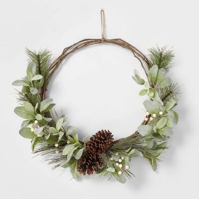 22" Vine with Flocked Faux Lambs Ear Leaves and White Berries Artificial Christmas Wreath - Wondershop™