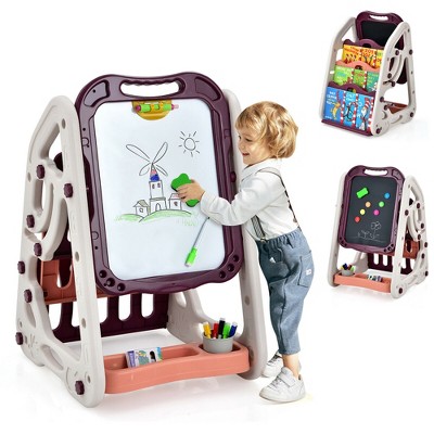 Kids Art Easel with Chair and 3-Level Adjustable Whiteboard-Multicolor | Costway