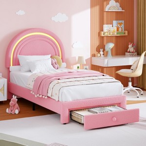 Twin Upholstered LED Bed Frame with Storage Drawer and Rainbow Headboard, Berber Fleece Princess Platform Bed for Kids, Solid Wood Slats Support - 1 of 4