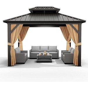 10x10ft Hardtop Gazebo, Hardtop Double Roof Cazebos with Netting and Curtains, Outdoor Gazebo Galvanized Iron Aluminum Frame Garden Tent for Patio - 1 of 4