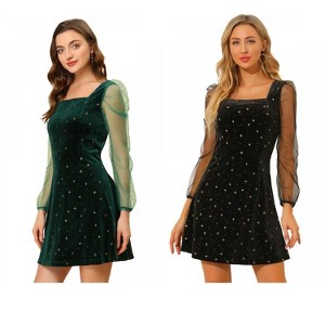INSPIRE CHIC Women's Mesh Sheer Puff Long Sleeve Square Neck Glitter Star Mini Velvet Dress 2 Packs - 1 of 4