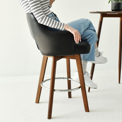 Edward Black Faux Leather Swivel Bar Stool with Rubberwood Legs