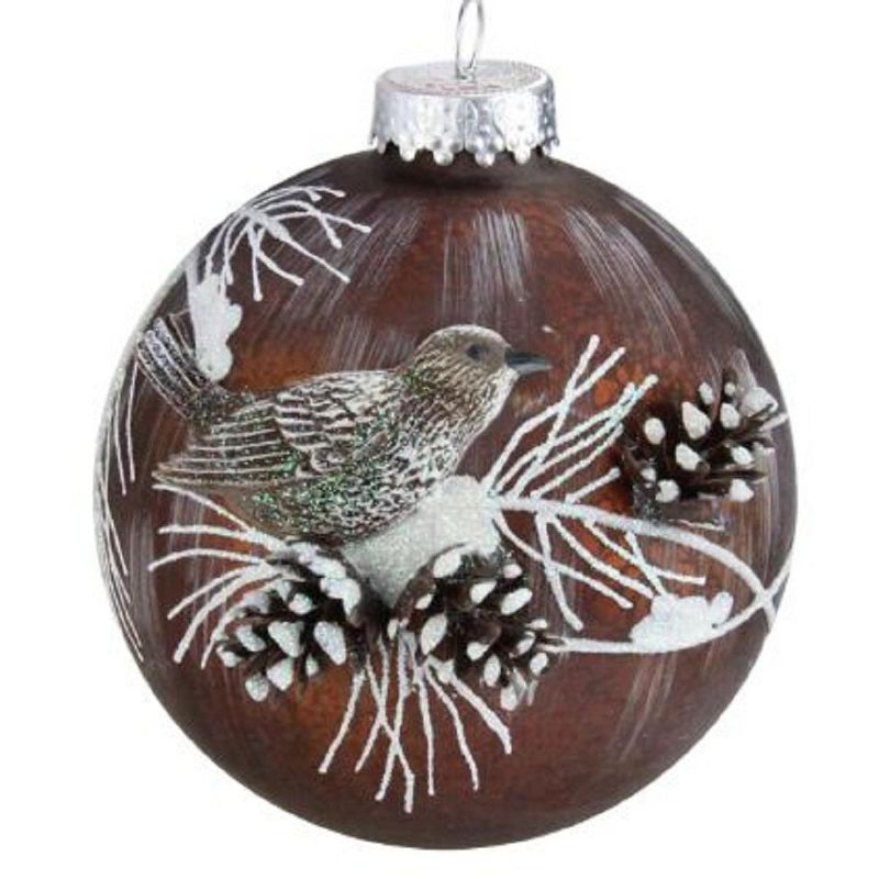 NORTHLIGHT 3.25" Mercury Glass Ball with Bird and Pine Cones Christmas Ornament 3.25" - Brown, 2 of 4