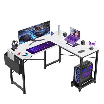 47 Inch L Shaped Game Table with Side Storage Pockets, Metal Frame, Country Study Writing Desk for Home Office, Bedroom, Game Room
