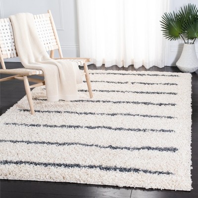 Ivory and Dark Grey Striped Shag Area Rug, 4' x 6', Synthetic