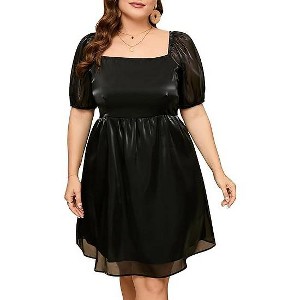 Women's Plus Size Tulle Dress Square Neck Puff Sleeve Puffy Babydoll Mesh Mini Dress - 1 of 1