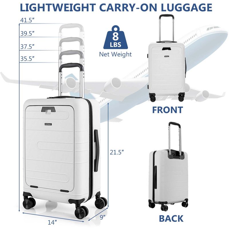 Costway 20'' Carry-on Luggage PC Hardside Suitcase TSA Lock with Front Pocket & USB Port Navy/White, 3 of 11