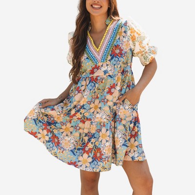 Amaryllis Women’s Floral Puff Sleeve Ruffle Tiered Mini Dress with Mixed Print Accents V-Neck