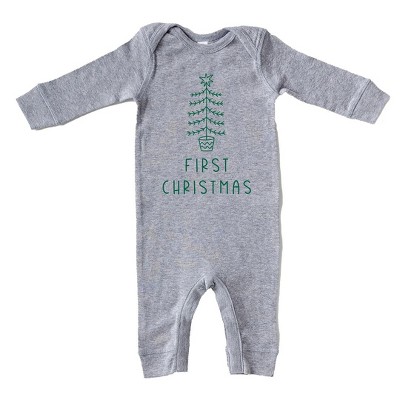 Image of The Juniper Shop First Christmas Tree Baby Romper - Newborn - Heather Grey