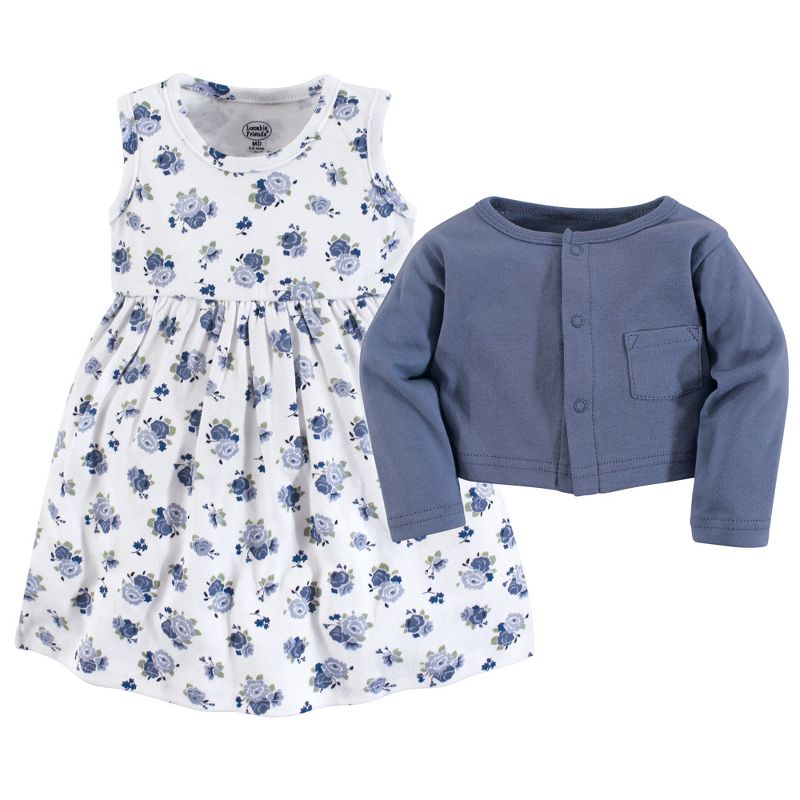 Luvable Friends Baby and Toddler Girl Dress and Cardigan 2pc Set, Blue Floral, 3 of 4