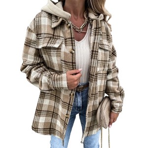 Women Jackets Coats Long Sleeve Plaid Hooded Button Front Jackets with Pockets Khaki L - 1 of 3