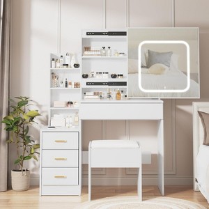 Acekool Storage Cabinet Dresser with LED Lights, Electrical Outlet, 4 Drawers & Stool, Sliding Mirror, 3 Lighting Modes - 1 of 4