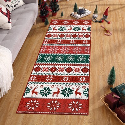 Washable Chrismas Rug Non Slip Low Pile Rug Soft Vintage Xmas  Throw Floor Cover Foldable Indoor Carpet for Living Room Bedroom,Red Green/2'x6'