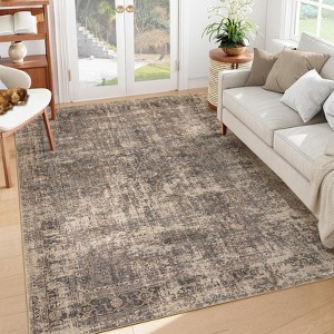 Washable Area Rug for Living Room & Bedroom – Non-Slip Vintage Floral Accent Carpet, Low Pile, Stain Resistant - 1 of 4