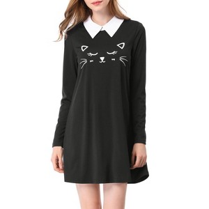 Allegra K Women's Contrast Collar Cat Face Printed Long Sleeve Swing Flare Mini Dress - 1 of 4