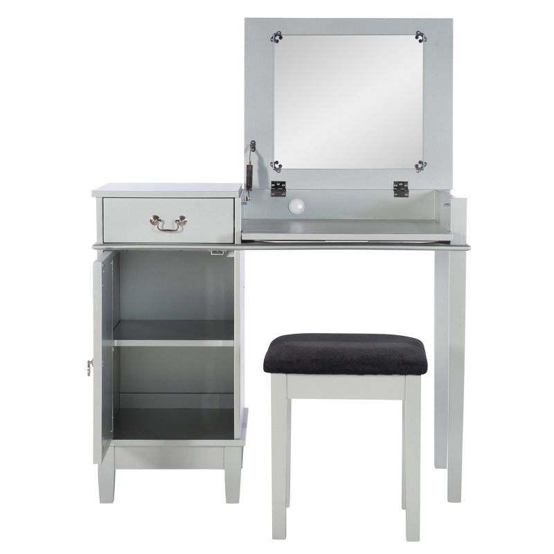 Glam Flip-up Mirror 1 Door Cabinet 1 Drawer Mirror and Wood Vanity and Stool Silver Lattice - Linon, 4 of 17