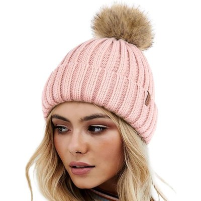 ZUPPAD Womens Winter Knitted Beanie Hat with Faux Fur Pom Warm Knit Skull Cap Beanie for Women Hats 1 Pack