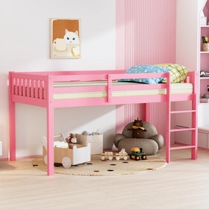 JOYMOR Low Loft Bed Twin Size with Stairs, Wooden Loft Bed for Kids, Pine Wood Twin Bed Frame, No Box Spring Needed, Pink - 1 of 4