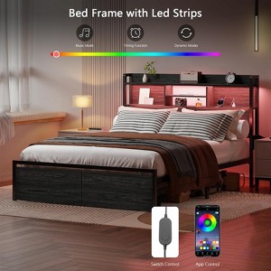Full Size Bed Frame with Wood Headboard and Storage Shelf Metal Platform Bed Frame Queen Size with Storage Drawers LED Lights and Charging Station - 1 of 4