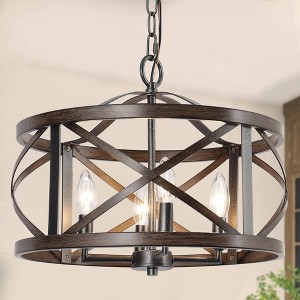 LNC Ribbon 15.5-in Farmhouse Drum Chandelier, Distressed Black and Antique Brown Wood Finish, 4-Light - 1 of 4
