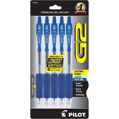 Pilot G2 Retractable Gel Pen Ultra Fine Point 0.38mm Blue Ink 5/Pack (18203)
