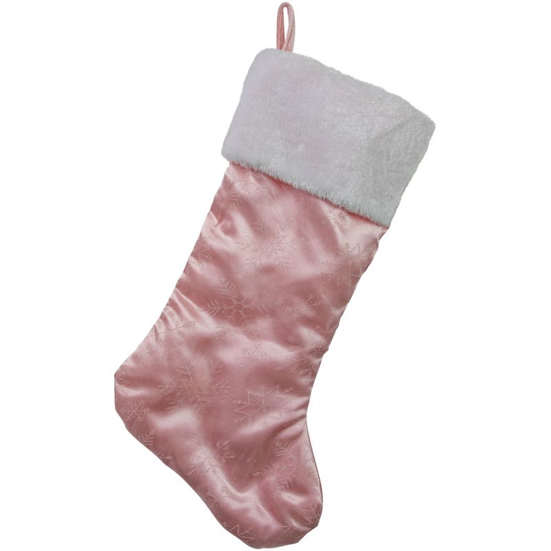 Northlight 20" Light Pink Glittered Snowflake Christmas Stocking with White Faux Fur Cuff, 1 of 7