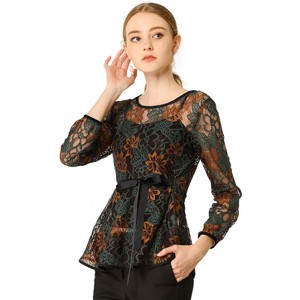 INSPIRE CHIC Women's Semi-Sheer Elegant Tie Waist Long Sleeve Floral Lace Peplum Blouses - 1 of 4