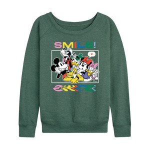 Women's - Disney - Mickey, Pluto, Minnie, Donald Duck, Goofy & Daisy Lightweight French Terry Wide Neck Long Sleeve Shirt - 1 of 4